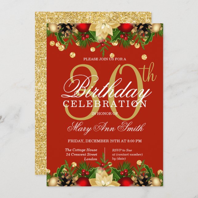 Invitation Gold & Red Holiday Parties scintillant 30e fête d' (Devant / Derrière)