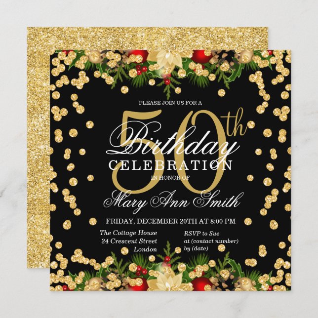 Invitation Gold & Red Holiday Parties scintillant Glam 50e an (Devant / Derrière)