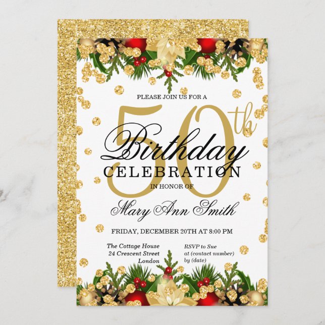 Invitation Gold & Red Holiday Parties scintillant Glam 50e an (Devant / Derrière)