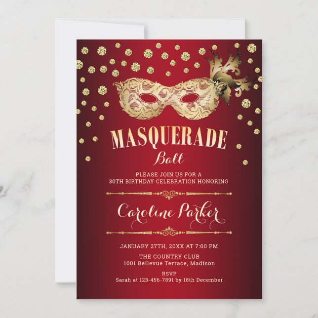 Invitation Gold Red Masquerade Ball fête d'anniversaire (Devant)