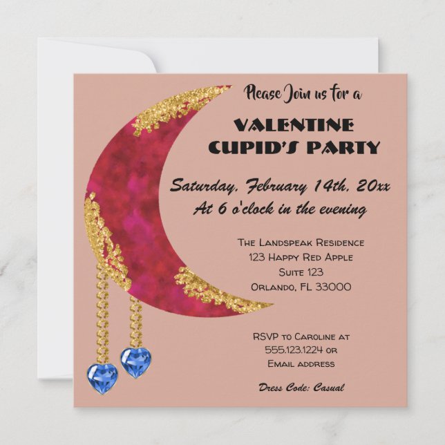 Invitation Gold Red Moon Blue Heart Jewel Saint-Valentin (Devant)