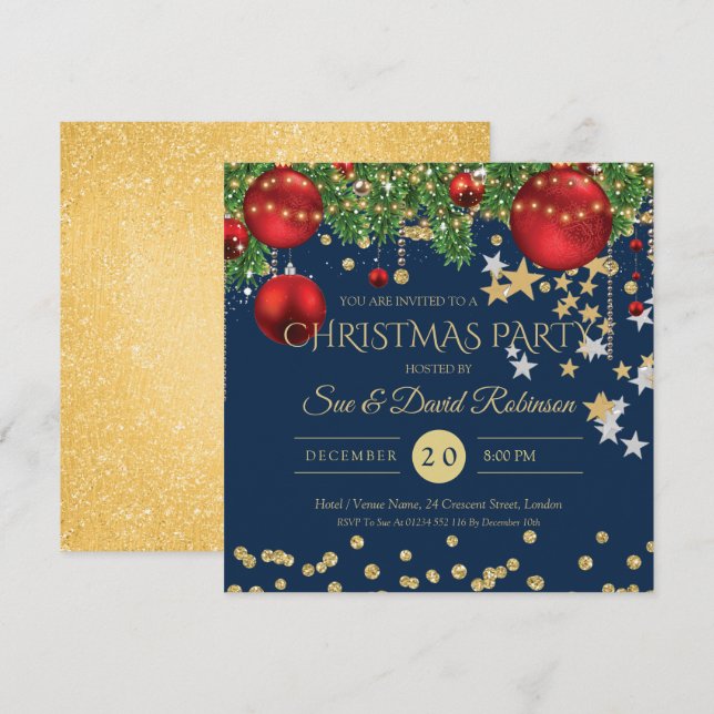 Invitation Gold Red Navy Parties scintillant Noël Fête (Devant / Derrière)