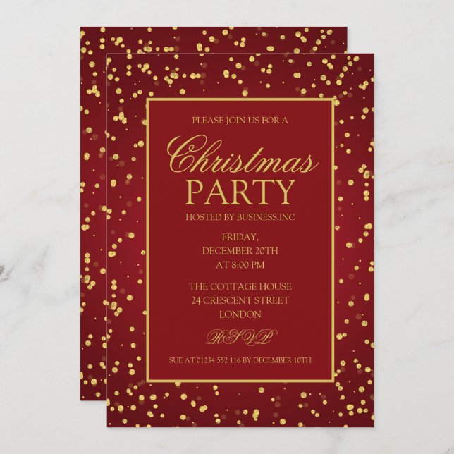 Invitation Gold Red Parties scintillant Dots Noël Fête (Devant / Derrière)