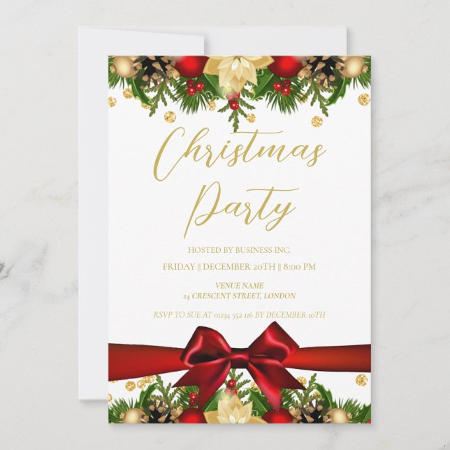 Invitation Gold Red Ribbon Parties scintillant Noël Entrepris (Devant)