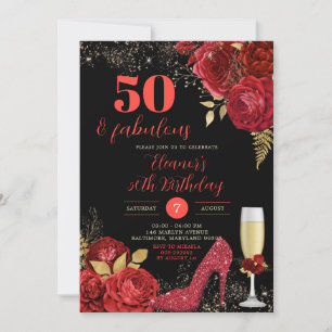 Invitation Gold Red Roses Stiletto Guides Adulte Anniversaire