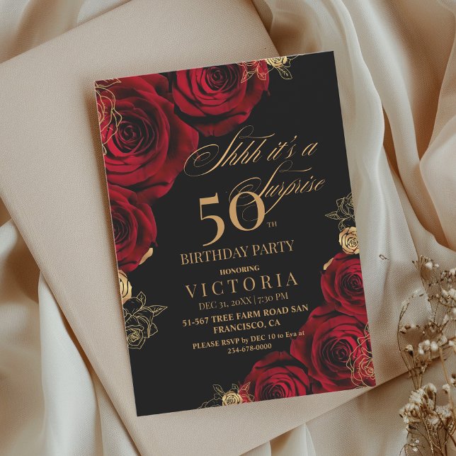 Invitation Gold & Red Roses Surprise 50e anniversaire Invitat (Créateur téléchargé)