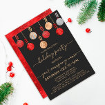 Invitation Gold Red Silver Glitter Ornament Corporate Holiday<br><div class="desc">Cette invitation de fête d'entreprise unique et mignonne est parfaite pour personnaliser vos invitations avec une touche spéciale. Il présente huit ornements faux imprimés brillants d'or, d'argent, de parties scintillant rouge et de papier d'aluminium suspendus avec des arcs sur un simple arrière - plan noir. L'arrière de l'invitation représente un...</div>