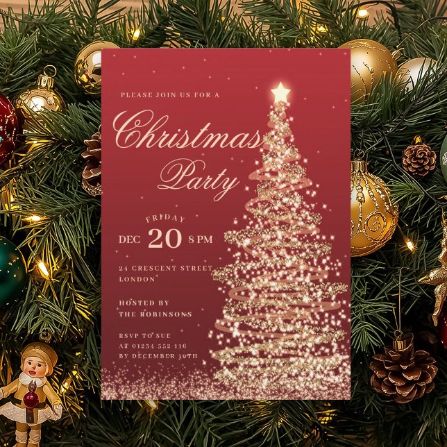 Invitation Gold Red Winter Christmas Tree Holiday Party  (Gold Red Winter Christmas Tree Holiday Party Invitation)