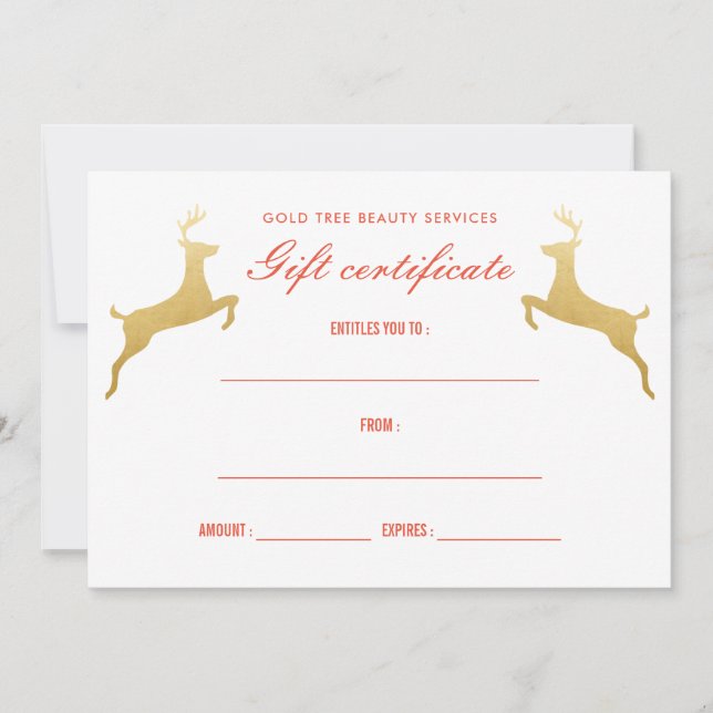 Invitation Gold Reindeer Élégant certificat cadeau de vacance (Devant)