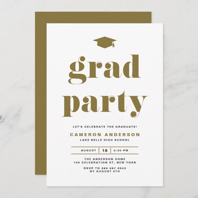 Invitation Gold Retro Bold Typographie Partie de graduation (Devant / Derrière)