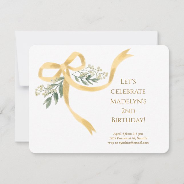 Invitation Gold Ribbon Bow fête d'anniversaire (Devant)