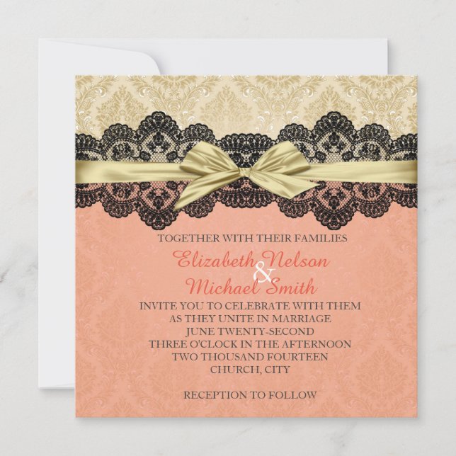 Invitation Gold Ribbon Damask Lace Coral Wedding Inviter (Devant)