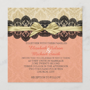 Invitation Gold Ribbon Damask Lace Coral Wedding Inviter
