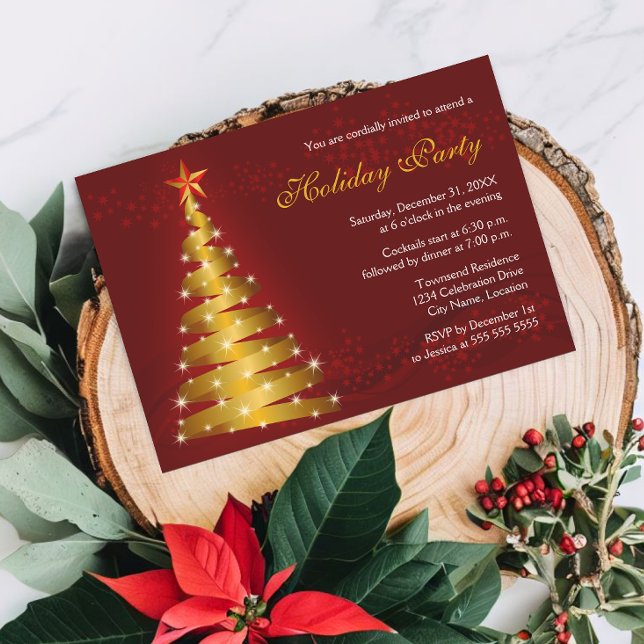 Invitation Gold Ribon Noël Arbre fête (Modern gold ribbon Christmas tree holiday party invitation)