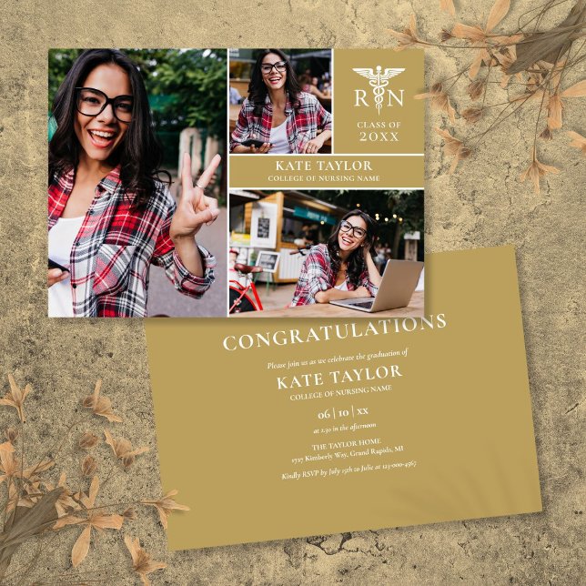 Invitation Gold RN Nursing 3 Photo Graduation Party (Gold RN Nursing 3 Photo Graduation Party Invitation)