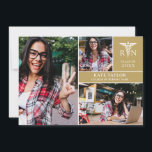 Invitation Gold RN Nursing 3 Photo Graduation Party Invitatio<br><div class="desc">Cette invitation moderne de remise de diplômes en soins infirmiers peut être personnalisée avec vos 3 photos spéciales de grade et détails de célébration sur un arrière - plan d'or. Conçu par Thisisnotme©</div>