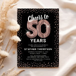 Invitation Gold rose 50e anniversaire<br><div class="desc">Elégante invitation de fête du cinquantième anniversaire avec un arrière - plan noir élégant qui peut être changée à n'importe quelle couleur,  parties scintillant brillante or rose,  cinquante ballons d'hélium d'or rose,  et un texte de célébration du cinquantième anniversaire moderne modèle facile à personnaliser.</div>
