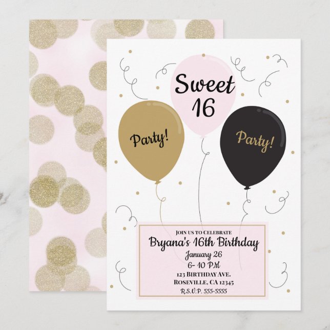 Invitation Gold Rose & Black Balloons Sweet 16 Anniversaire (Devant / Derrière)