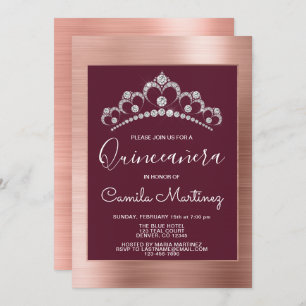 Invitation Gold rose et Quinceanera Bourgogne avec Tiara
