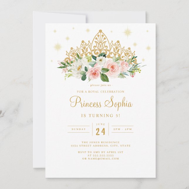 Invitation Gold rose Étincelle Princesse Floral Tiara Anniver (Devant)