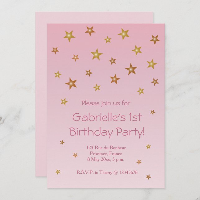 Invitation Gold Rose Little Stars Sweet Baby Anniversaire de  (Devant / Derrière)