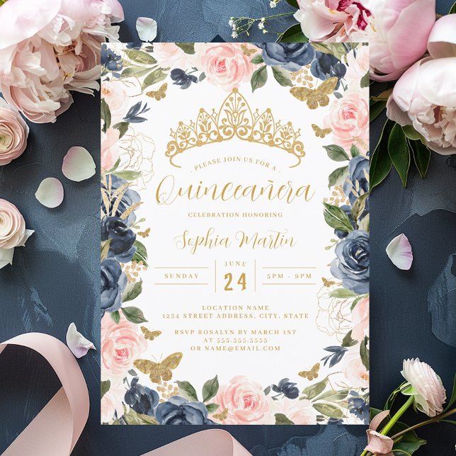 Invitation Gold Rose Marine Floral Tiara Butterfly Quinceaner (Créateur téléchargé)
