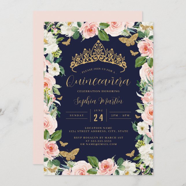 Invitation Gold Rose Navy Bourgogne Floral Tiara Quinceanera (Devant / Derrière)
