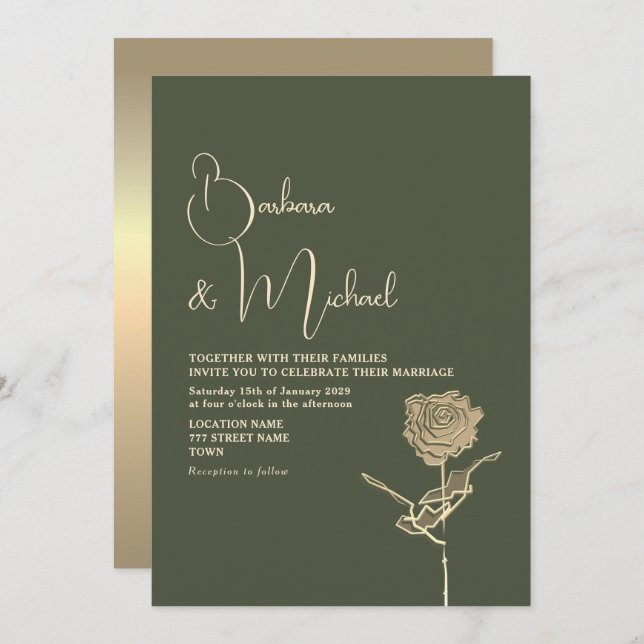 Invitation Gold Rose Sage Green Mariage élégant (Devant / Derrière)
