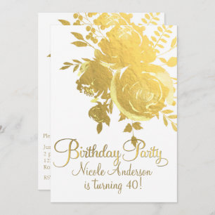 Invitation Gold Roses Faux Foil Élégante fête d'anniversaire 