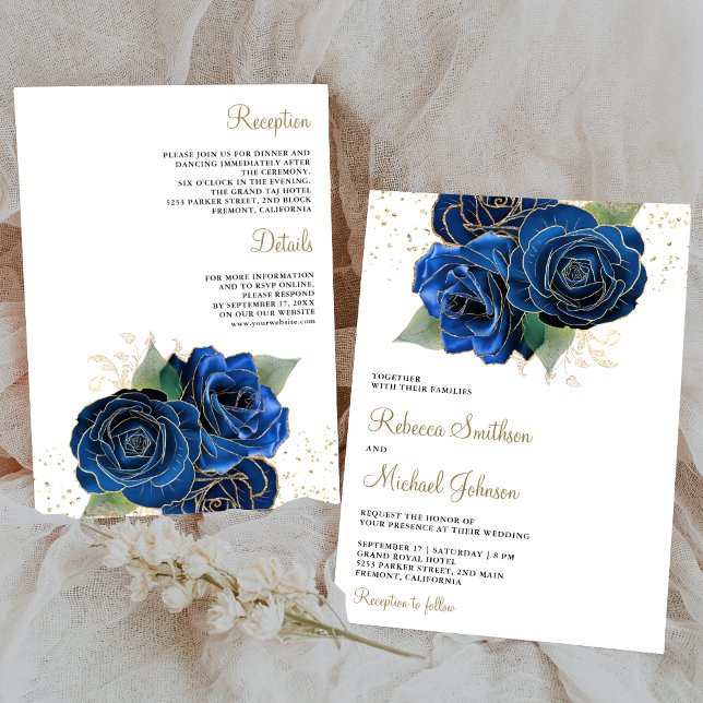 Invitation Gold Royal Blue Floral tout en un Mariage (Créateur téléchargé)