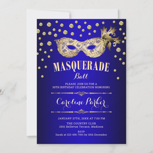 Invitation Gold Royal Blue Masquerade Ball fête d'anniversair (Devant)