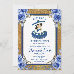 Invitation Gold Royal Blue Rose Mexico Fiesta Baby shower 