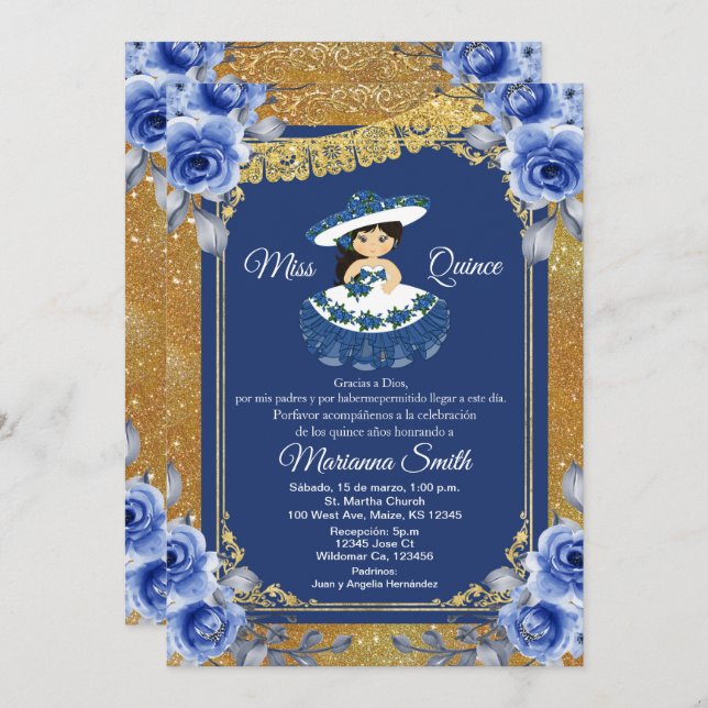 Invitation Gold Royal Blue Roses Quinceañera  (Devant / Derrière)