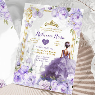 Invitation Gold Royal Castle Purple Floral Butterfly 15 Años