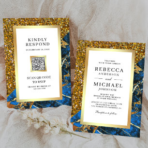 Invitation Gold Royal Marbre bleu QR Code Mariage blanc