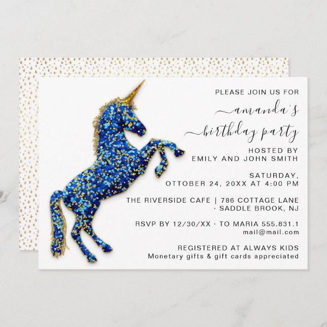 Invitation Gold Royal Parties scintillant Unicorn Blue Horse  (Devant / Derrière)