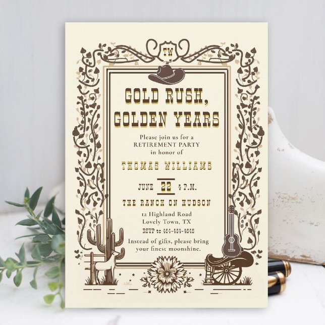 Invitation Gold Rush Golden Years Western Vintage Retirement (men retirement party invitation golden rush western old west country cowboy rustic botanical elegant)