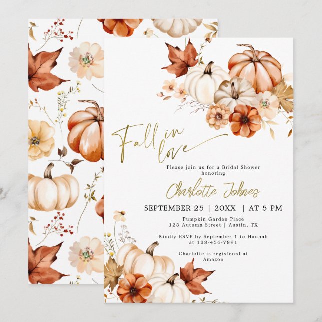 Invitation Gold Rust Fall In Love Cream Citrouille Fête des m (Devant / Derrière)
