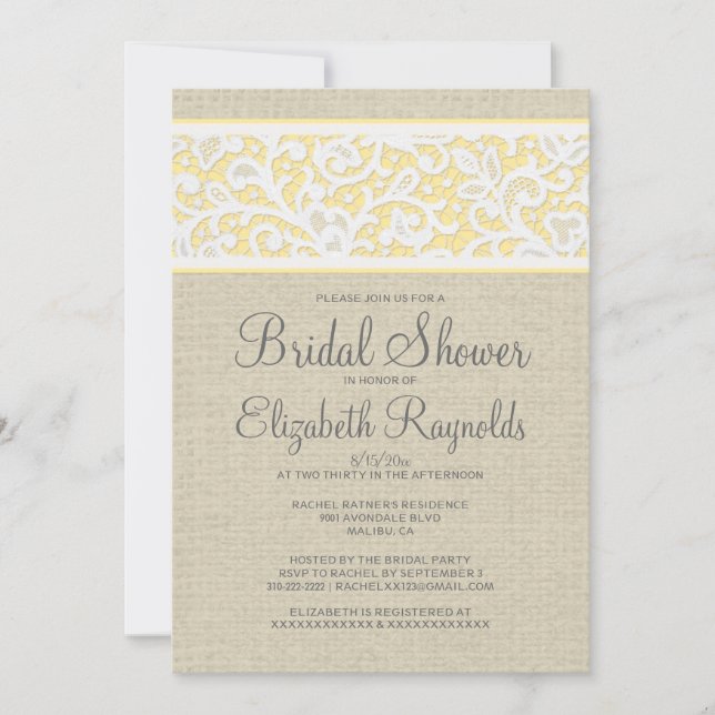 Invitation Gold Rustic Burlap Linen Douche nuptiale Invitatio (Devant)