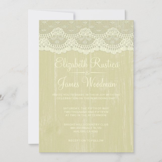 Invitation Gold Rustic dentelle et grange mariage en bois Inv (Devant)