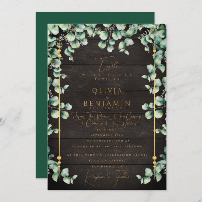 Invitation Gold Rustic Wood & Eucalyptus Mariage de verdure I (Devant / Derrière)