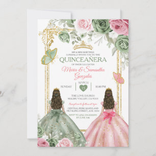 Invitation Gold Sage Vert Et Rose Twin Quinceañera
