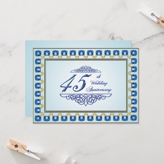 Invitation Gold Sapphire Bleu 45e anniversaire Mariage (Devant/Arrière en situation)