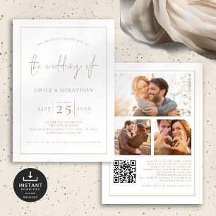 Invitation Gold Script 3 Photos Ligne Bordure QR Code Mariage