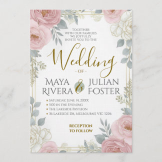 Invitation Gold Script Blush Pink Dusty Blue Floral Wedding