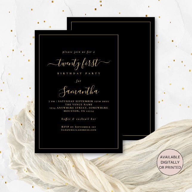 Invitation Gold Script Bordure 21e anniversaire fête Noir (Front and back view. Available digitally or printed)