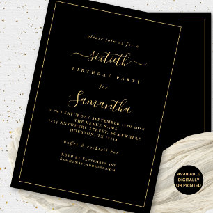 Invitation Gold Script Bordure 60e fête d'anniversaire noir