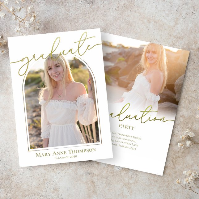 Invitation Gold Script Graduation Photo Party (Graduation gold calligraphy script invitation)