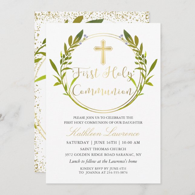 Invitation Gold Script Green Wreath Première communion sainte (Devant / Derrière)