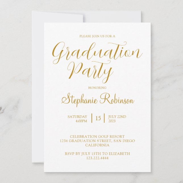Invitation Gold Script Moderne Calligraphie Partie de Graduat (Devant)